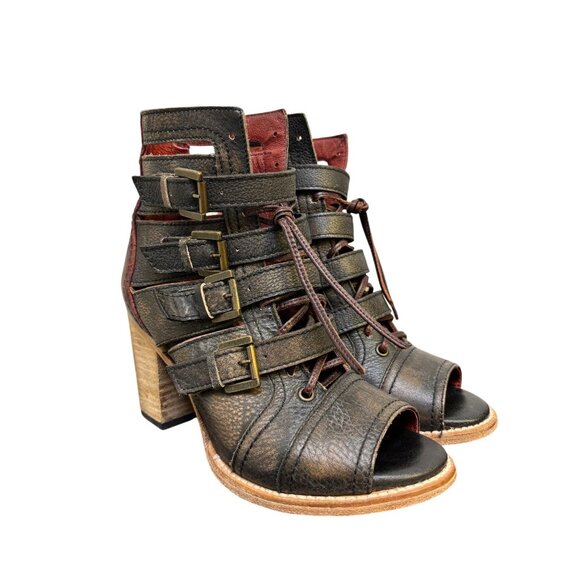 Free Bird By Steven Leather Heeled Open-Toe Sandals With Buckles Black & Burgund - Picture 2 of 9